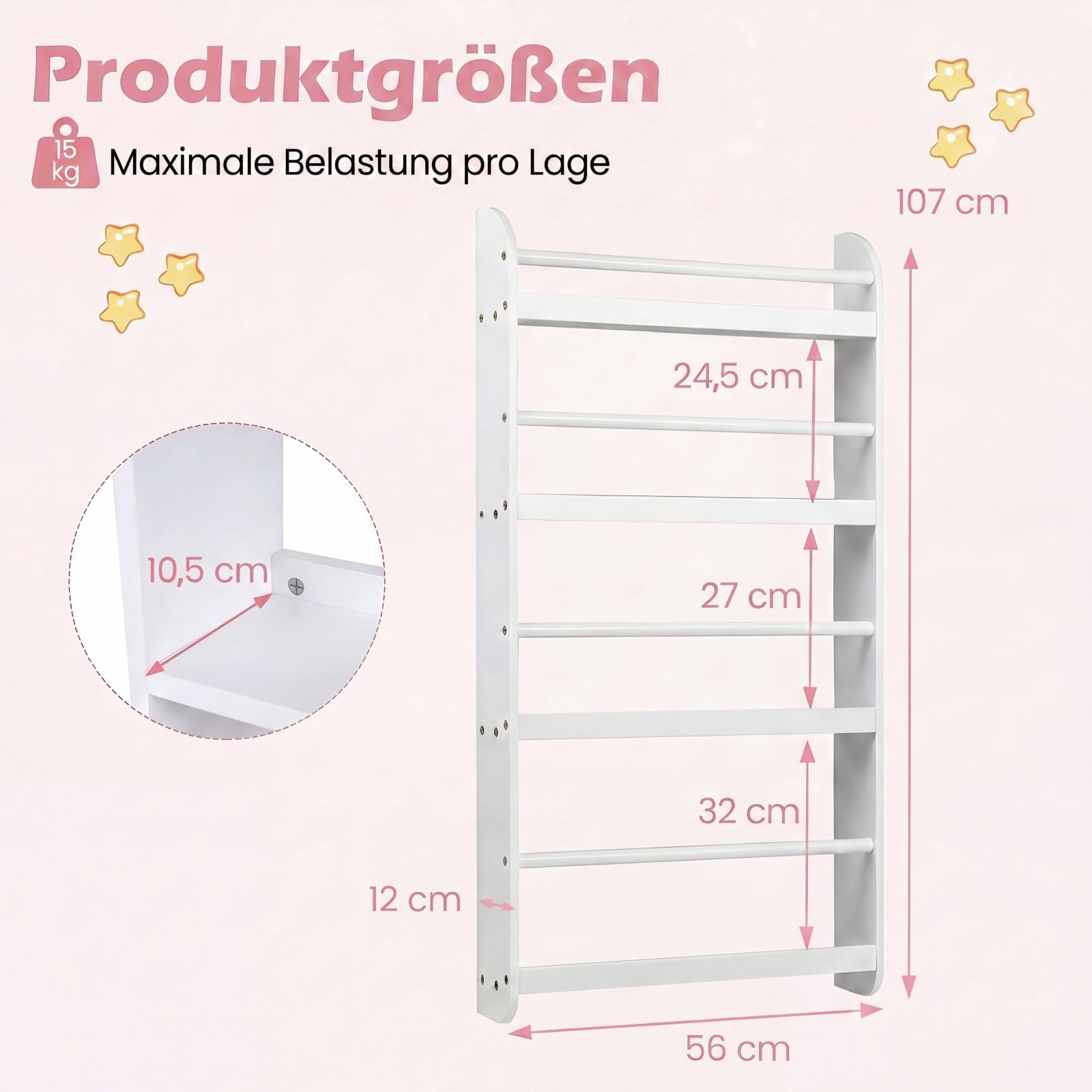 RELAX4LIFE Bücherregal Kinder, Kinderregal Wand mit 4 Fächern, platzsparendes Wandregal, Montessori Spielzeugregal aus Holz, Kinderbücherregal für Kinderzimmer & Spielzimmer, 56 x 12 x 107 cm (Weiß)