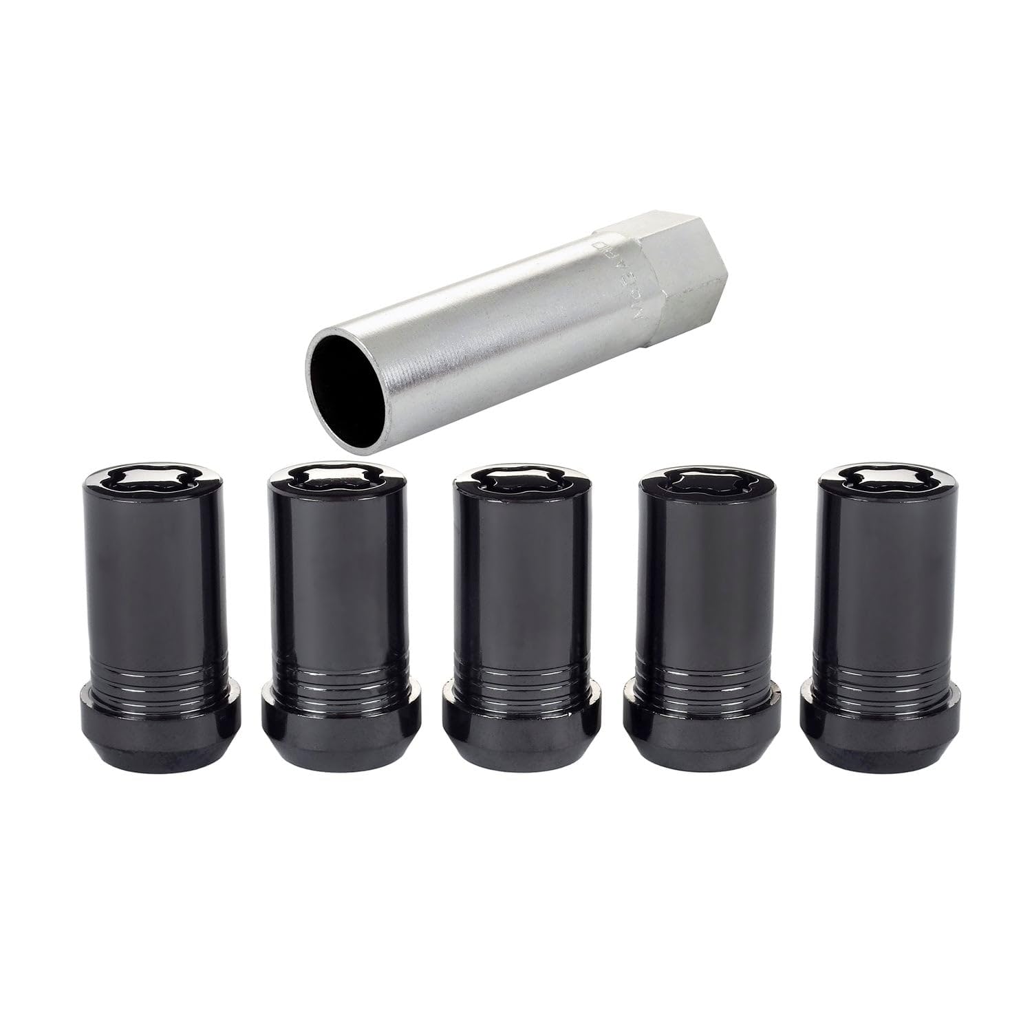McGard Bloqueo de rueda, Premium, rosca de 14 mm x 1,50, asiento cónico, extremo cerrado, llave incluida, acero, cromo negro, juego de 5 (25515BK)