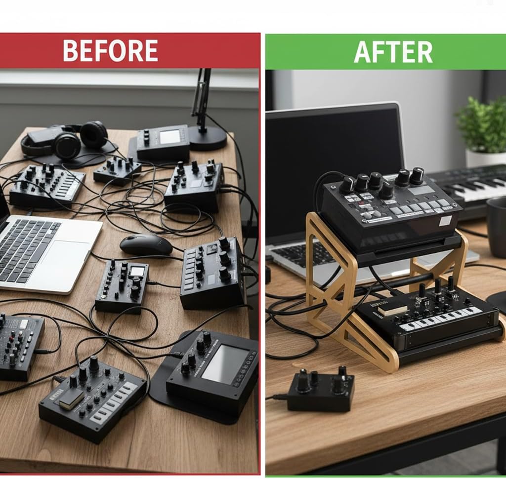 2-Tier Wooden Desktop Synth Stand - Ergonomic Angled Rack for Small Synthesizers & Drum Machines, Space-Saving Studio Organizer, Easy to Assemble
