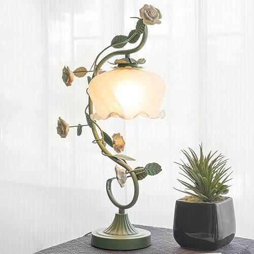 Miniatura 3 de TFCFL Lámpara de mesa de flores rosas para dormitorio, lámpara de escritorio de vidrieras, elegante lámpara de mesa enchufable, lámpara de mesita de