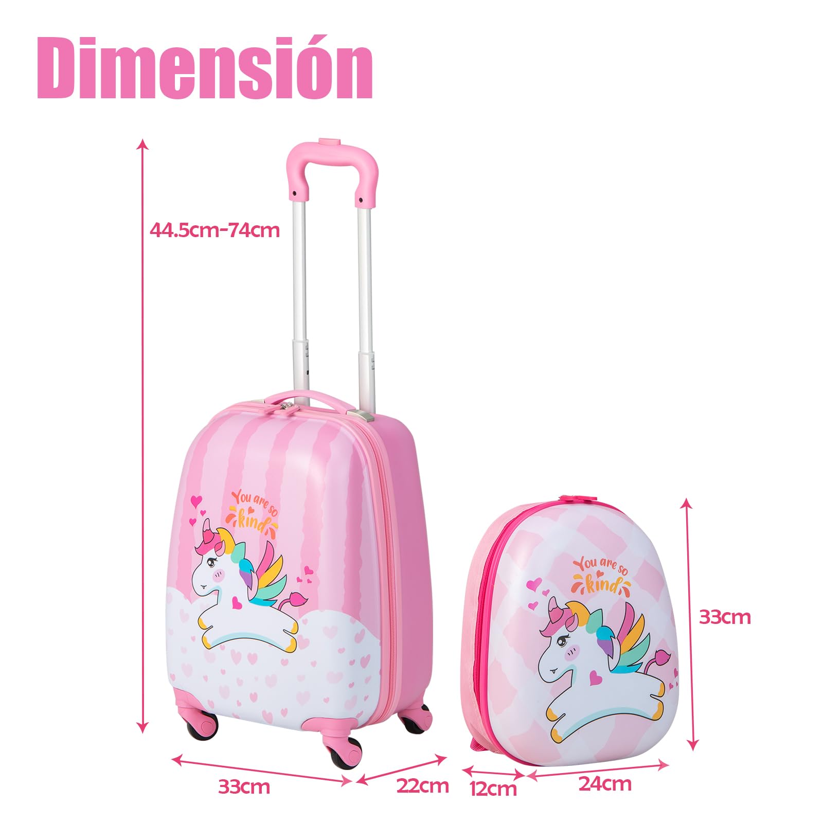 SOARS Set di Valigia 16’’ + Zaino 12’’ per Bambini 2 Pezzi, Bagagli 2-in-1 con Zainetto da Viaggio Aereo, Trolley con Maniglia Telescopica e 4 Ruote a 360° (Rosa Unicorno-A)