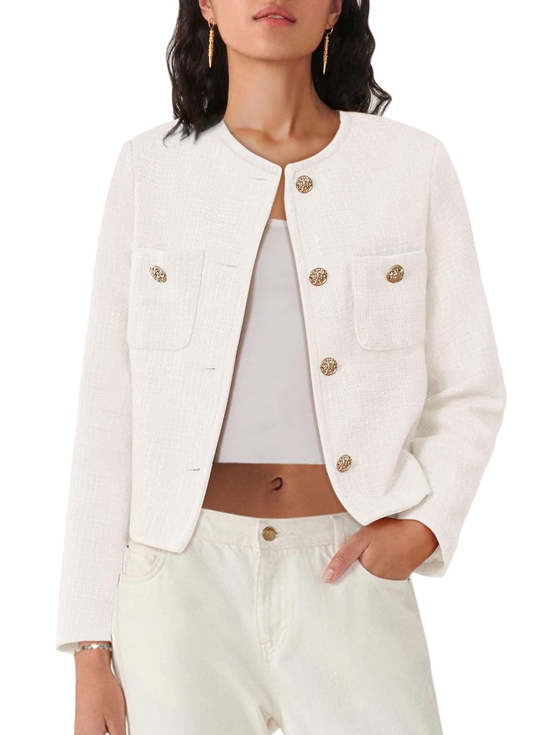Womens Tweed Blazers Long Sleeve Business Button Down Casual Cropped Blazer Jackets with Pockets