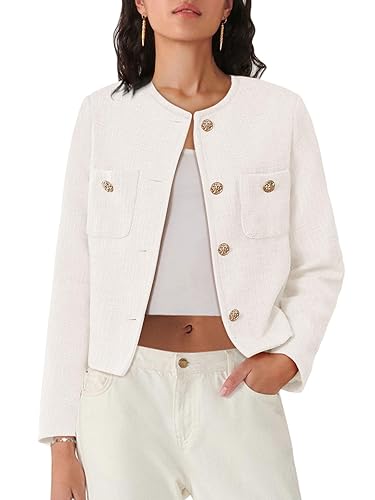 Women's Tweed Blazers Long Sleeve Business Button Down Casual Cropped