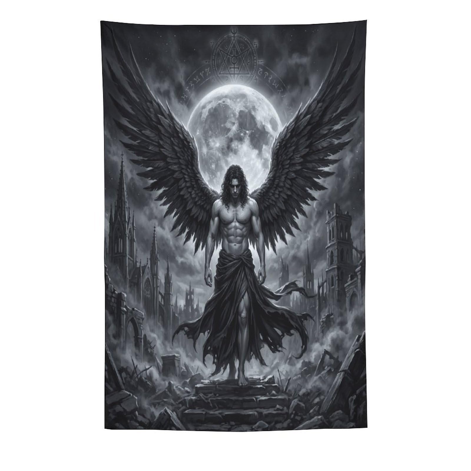 W7C8U2X3 Dark Angel Lucifer Ruins Moon Wall Tapestry, Gothic Fantasy