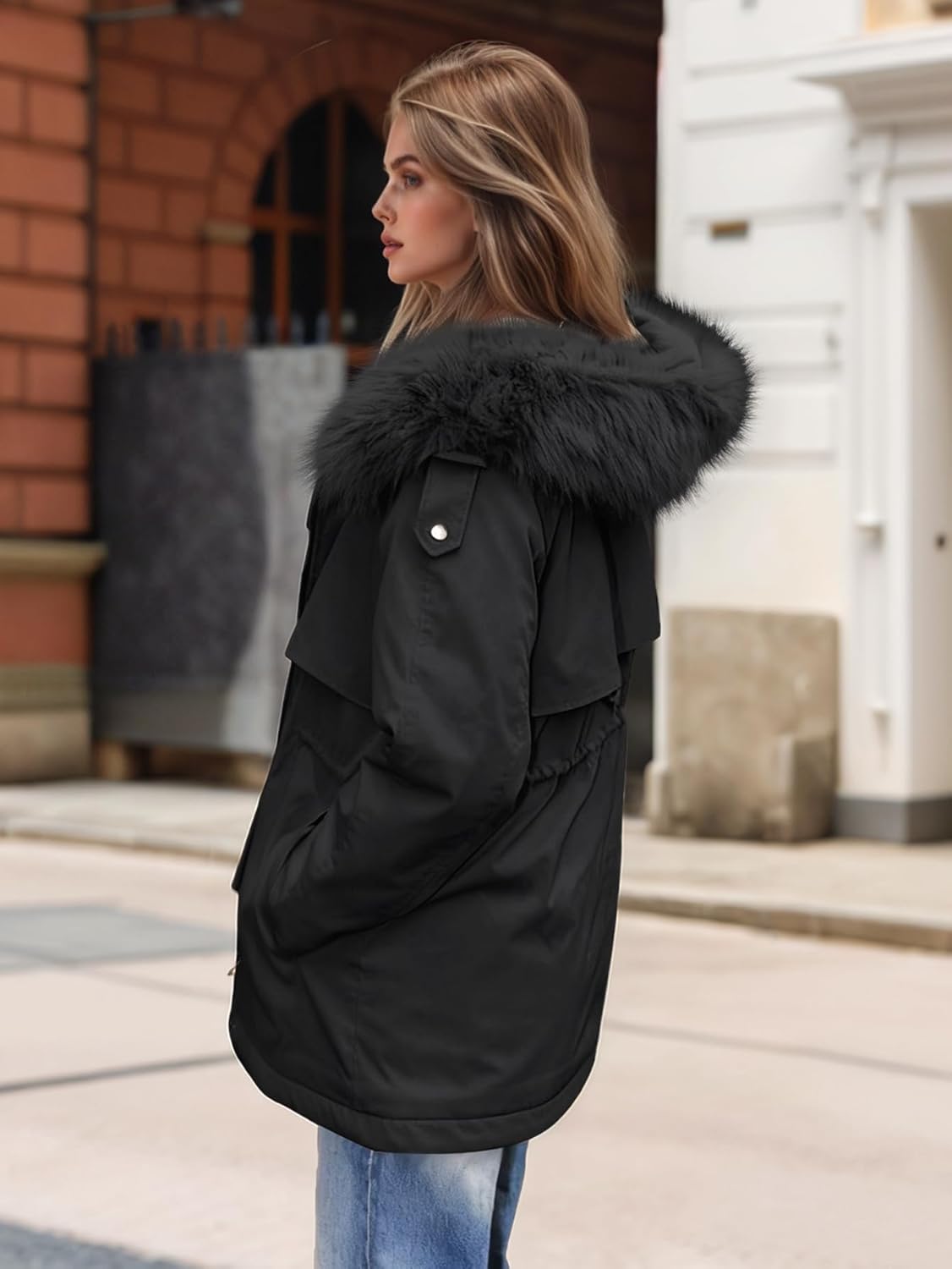 Women's Long Winter Parka Coat Warm Thicken Sherpa Lined Full - Faux Fur Hood Adjustable Drawstring Outerwear - Image 3