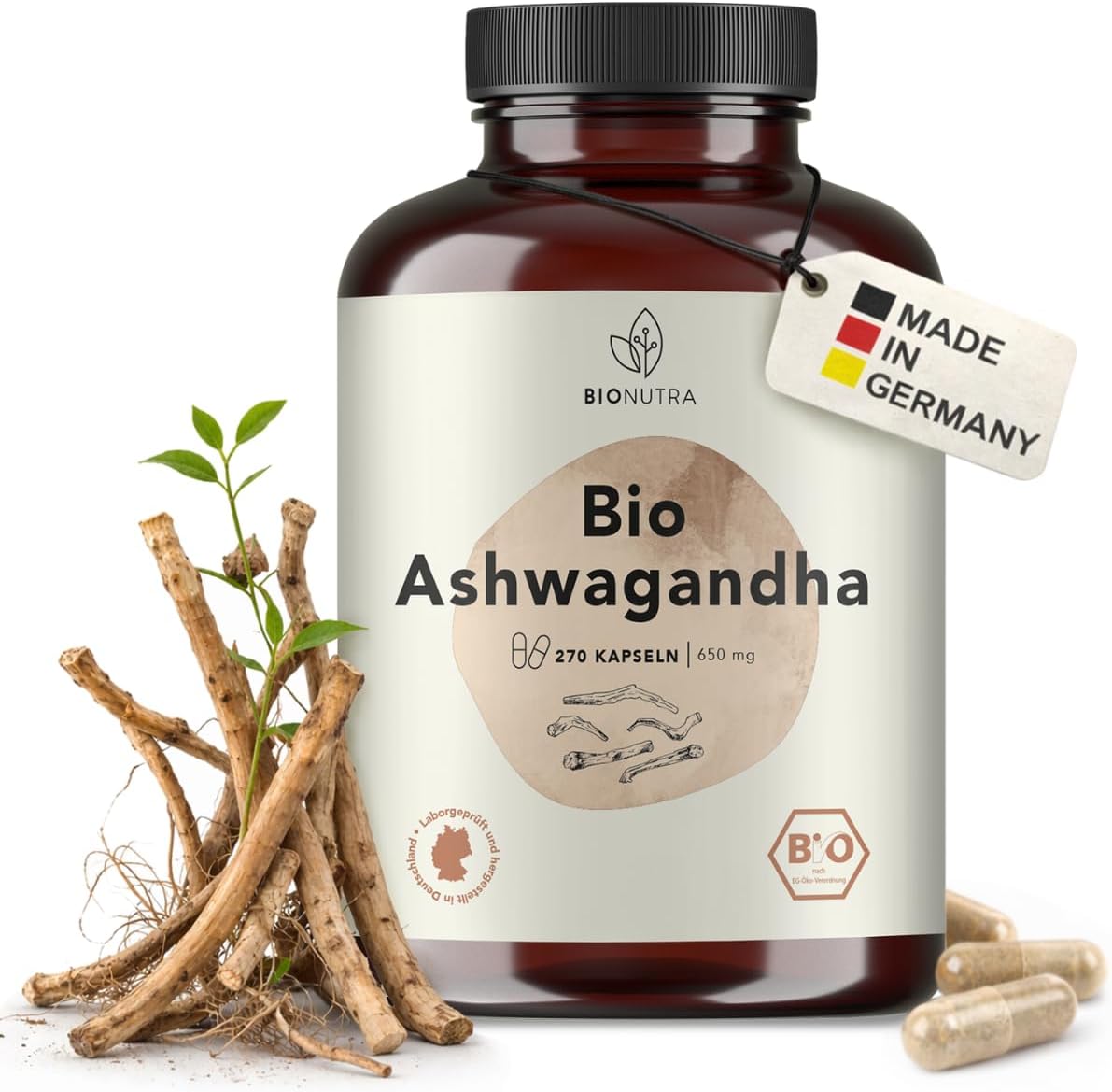 BIONUTRA  Bio Ashwagandha Kapseln 270 St ck   650 mg hochdosiert vegan & ohne Zus tze R ckstandskontrolliert Deutsche Herstellung aus Ashwagandha Bio Wurzelpulver
