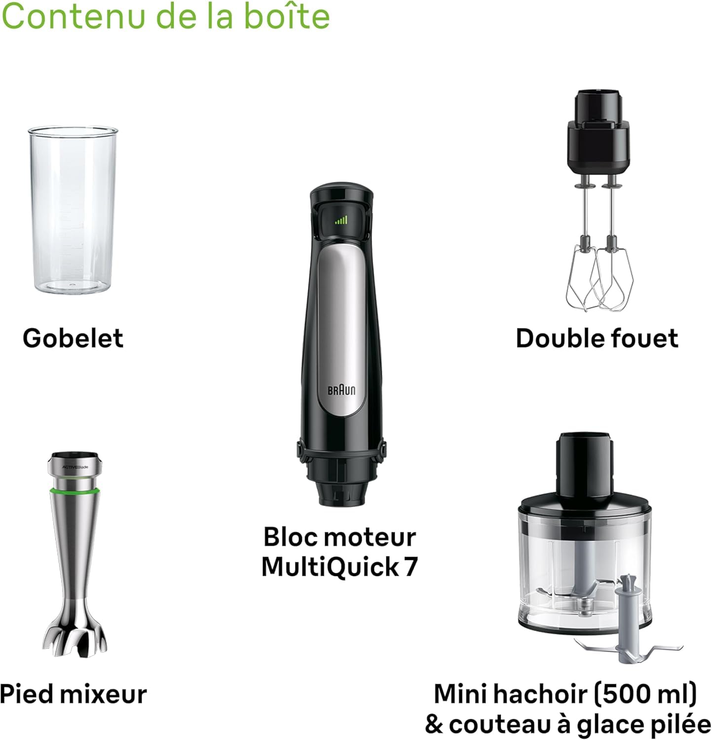 Braun MultiQuick 7 - Mixeur Plongeant, SplashControl, Système ActiveBlade pour Aliments Durs, Sélection de Vitesse Précise, Mini-hachoir 500mL, Fouet, Verre Doseur 600mL, 1000W, Noir (MQ7035XBI)