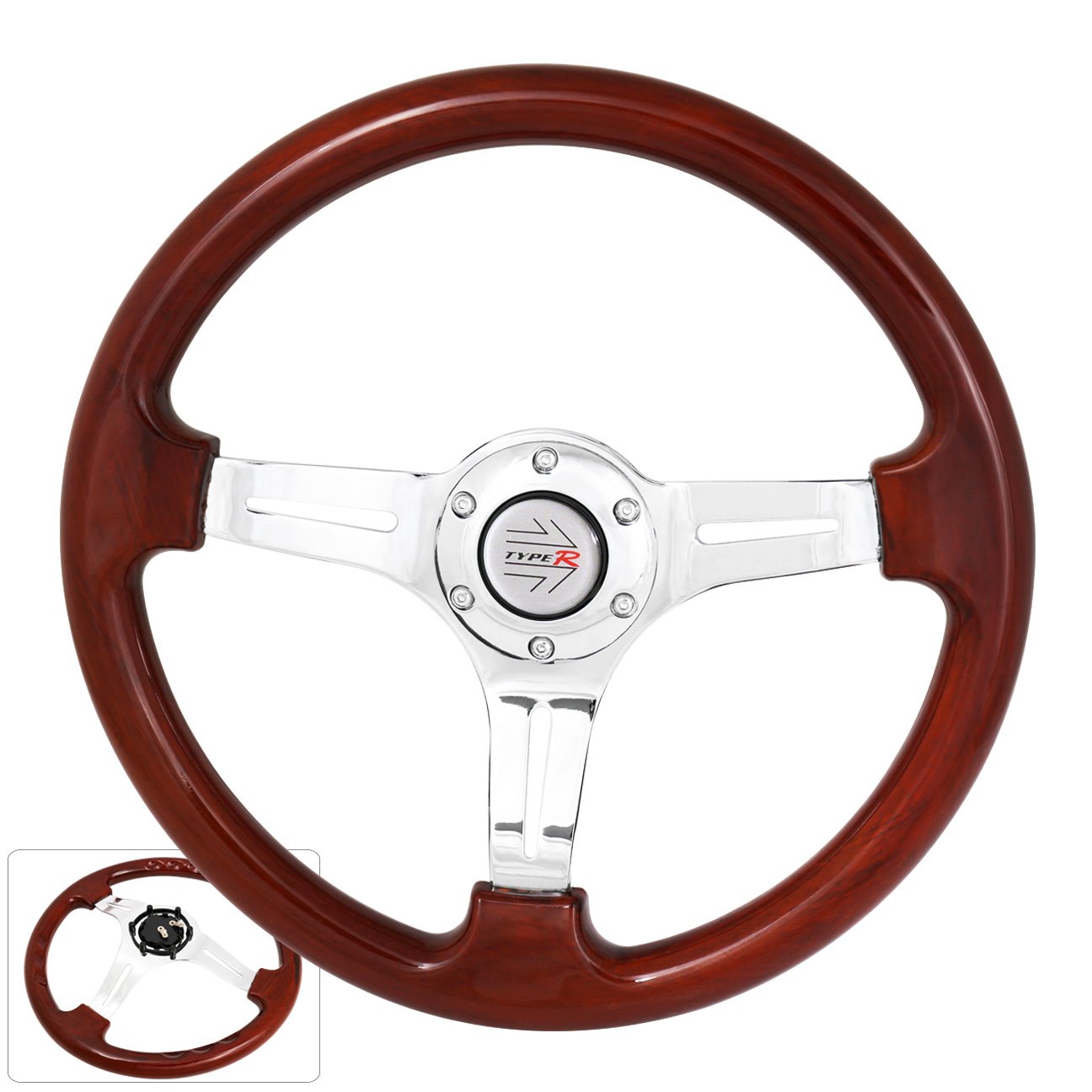 AJP Distributors Universal 350mm 6 Bolt Hole Heavy Duty Light Weight Steering Wheel Wood Trim Chrome Center Streak Design Type R Button Horn