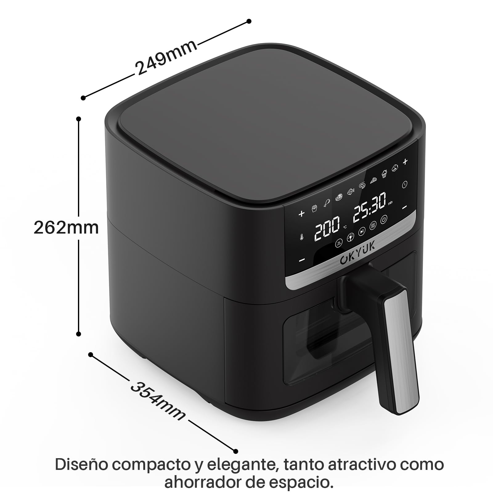 OKYUK Air Fryer 6L, Friteuse Huile 8-en-1 avec Fenêtre de Visualisation, 1200W avec Ecran Tactile Digital, Réglable 80-200°C, 90% de Matières Grasses en Moins, Nettoyage Facile