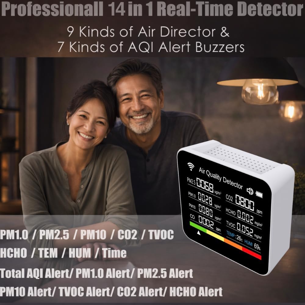 Professional Indoor Air Quality Monitor, 14 in 1 Portable Smartair Quality Tester for CO2 | CO | TVOC | HCHO | Temp | AQI | PM0.3-1 Detection Hum for Home Cars Plants, Pets, Car, Hotel