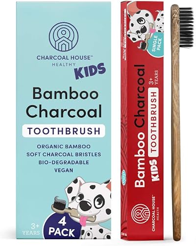 Miniatura 2 de Juego de 4 cepillos de dientes de carbón de bambú orgánico para niños, biodegradables y naturales, perfectos para niños pequeños a edades