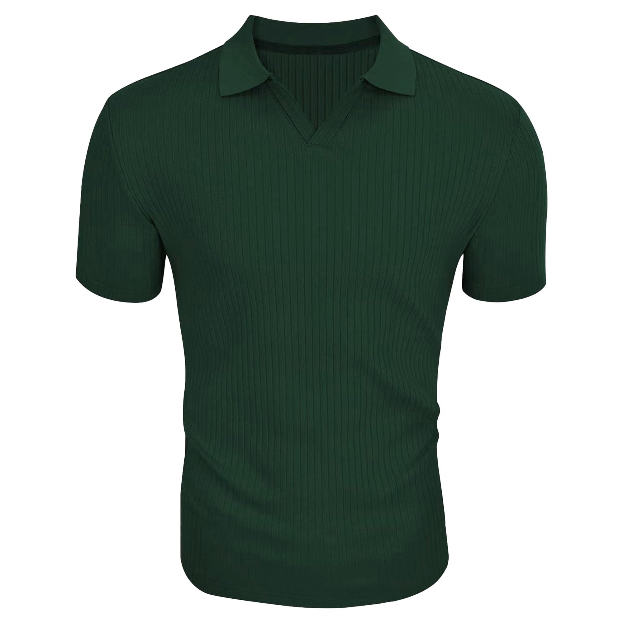 Men Lapel V-Neck Classic Wrinkle Shirts Short Sleeve Slim Fit Polo Shirt Summer Vertical Striped Pullover Tops (Green,XX-Large)