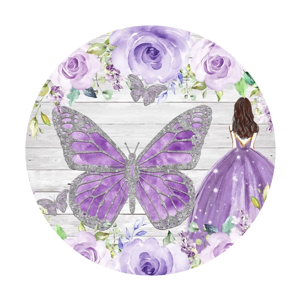AOFOTO 7.2ft Round Birthday Backdrop - Purple Quinceanera Background For 15th 16th 18th Parties