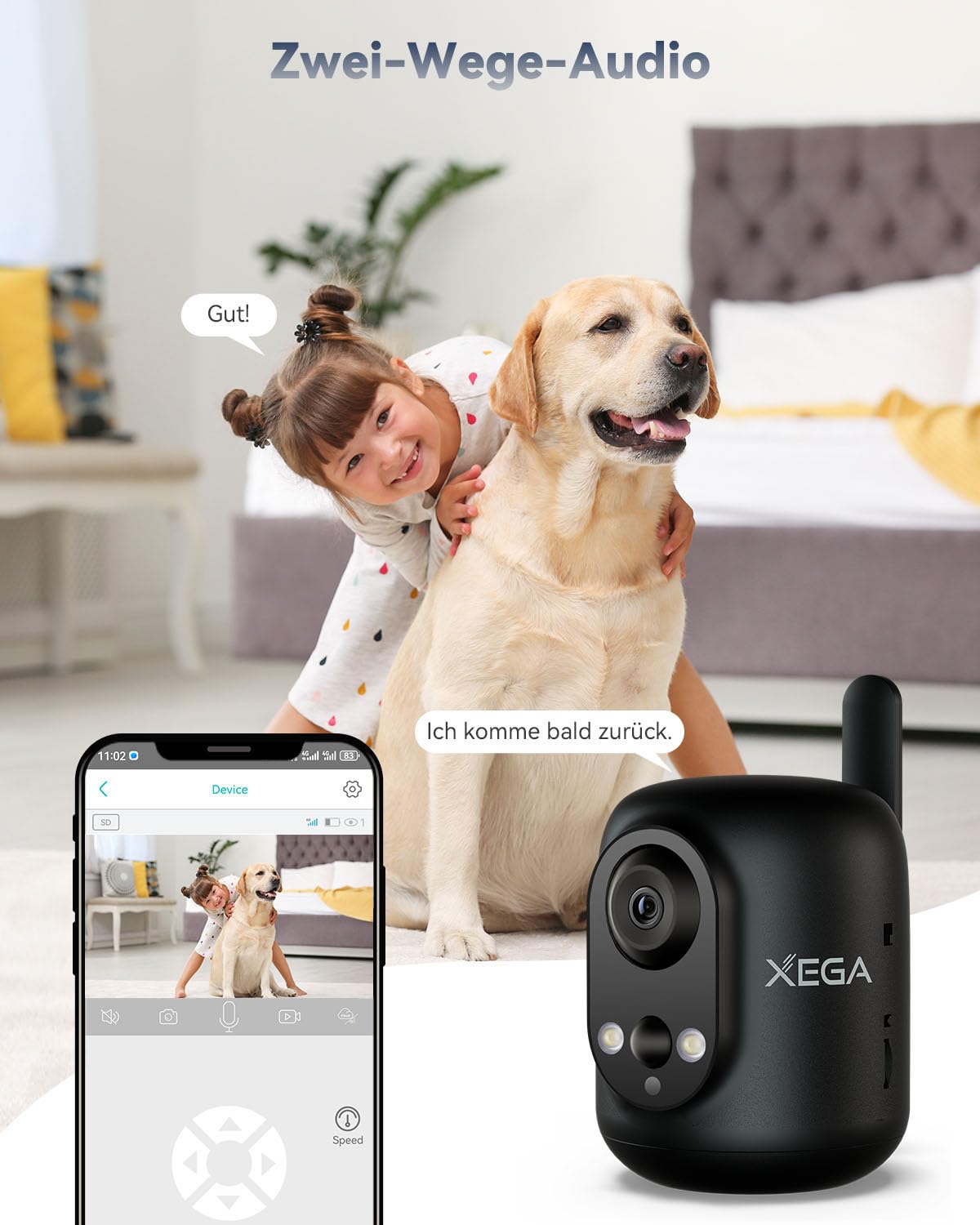 Xega 4G LTE Überwachungskamera Innen mit SIM Karte Ohne WLAN, 2K Kabellose Kamera für Babys/Haustiere/Senioren, 355°P/60°T, 6000mAh Akku, Farb-Nachtsicht, PIR Kennung, TF/Cloud, Nicht Wasserfest