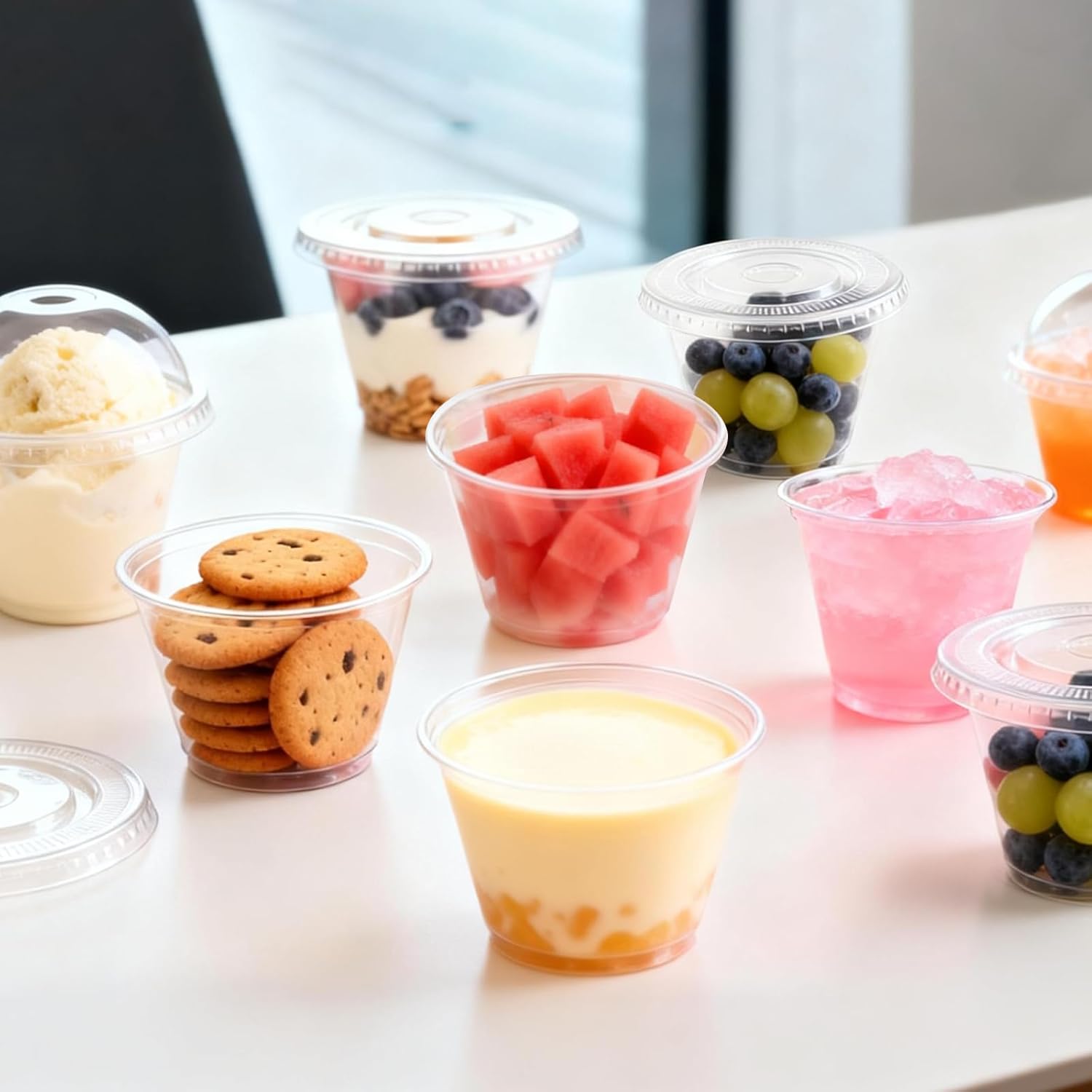 Lamosi 9 oz Clear Plastic Cups with Lids 50 Pack, Clear Disposable Cups with Flat Lids No Hole for Fruit, Snack, Pudding, Cold To Go Drinks or Milkshakes - Image 6