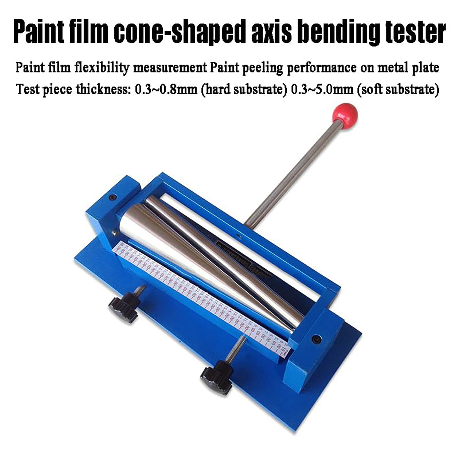 Tester di flessione a mandrino conico per la flessibilità dei rivestimenti, diametro 3,2-38 mm, lunghezza 203 mm, conforme alla norma ISO 1519.
