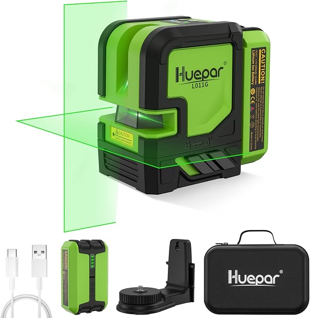 Huepar Laser Level Self Leveling Green Beam Outdoor Cross Line Laser Tool -180°Horizontal & 170° Vertical Selectable Laser Lines, 5200mAh Li-ion Battery 8 Hours Working-Magnetic Bracket Included L011G