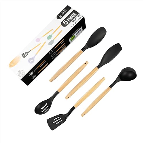 Miniatura 8 de Juego de utensilios de cocina, 5 utensilios de cocina de silicona antiadherente con mango de madera, juego de utensilios de cocina de silicona