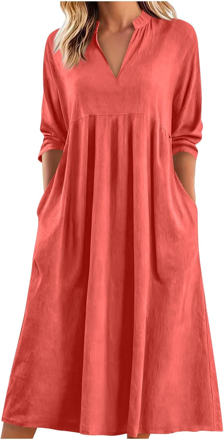 Womens Cotton Linen Workout Dress:V-Neck 3/4 Sleeve Maxi Dresses with Pockets Casual Loose Hiking Outfits 2026