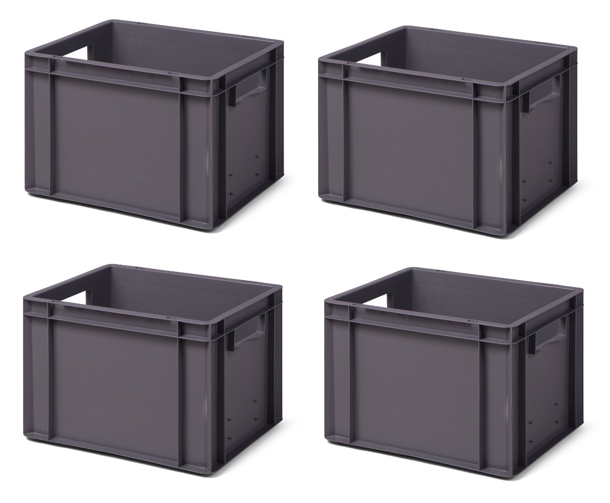 1a-TopStore 4 Stk. Transport-Stapelkasten TK427-0, grau, 400x300x270 mm, PP, 23 Liter, 40 kg, lebensmittelecht, made in Germany, Industriequalität