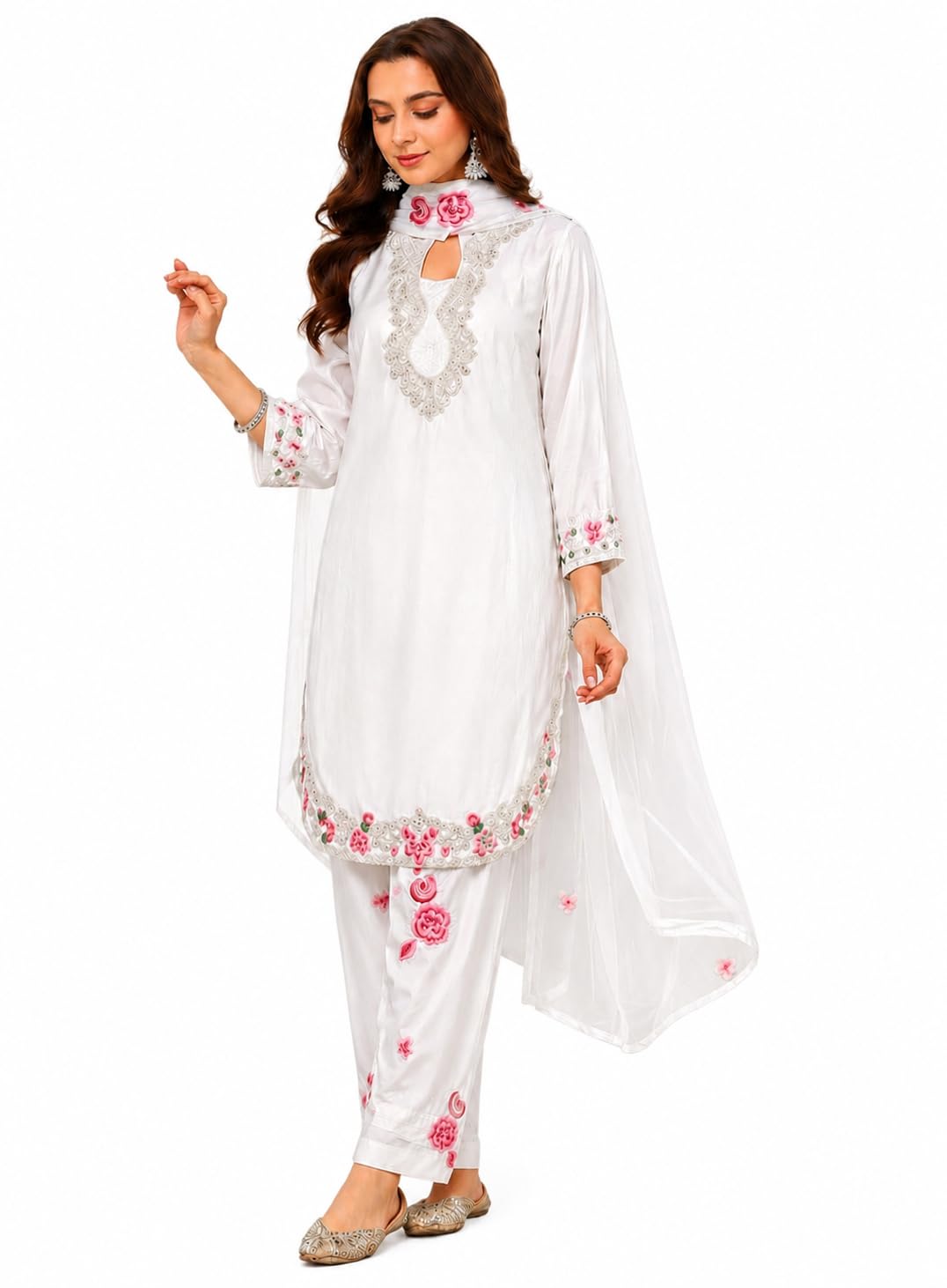 Women White Embroidered Kurta Set with Dupatta, 3 Piece Festive Ethnic Suit, Floral Design Farshi Salwar Set for Women-image-45