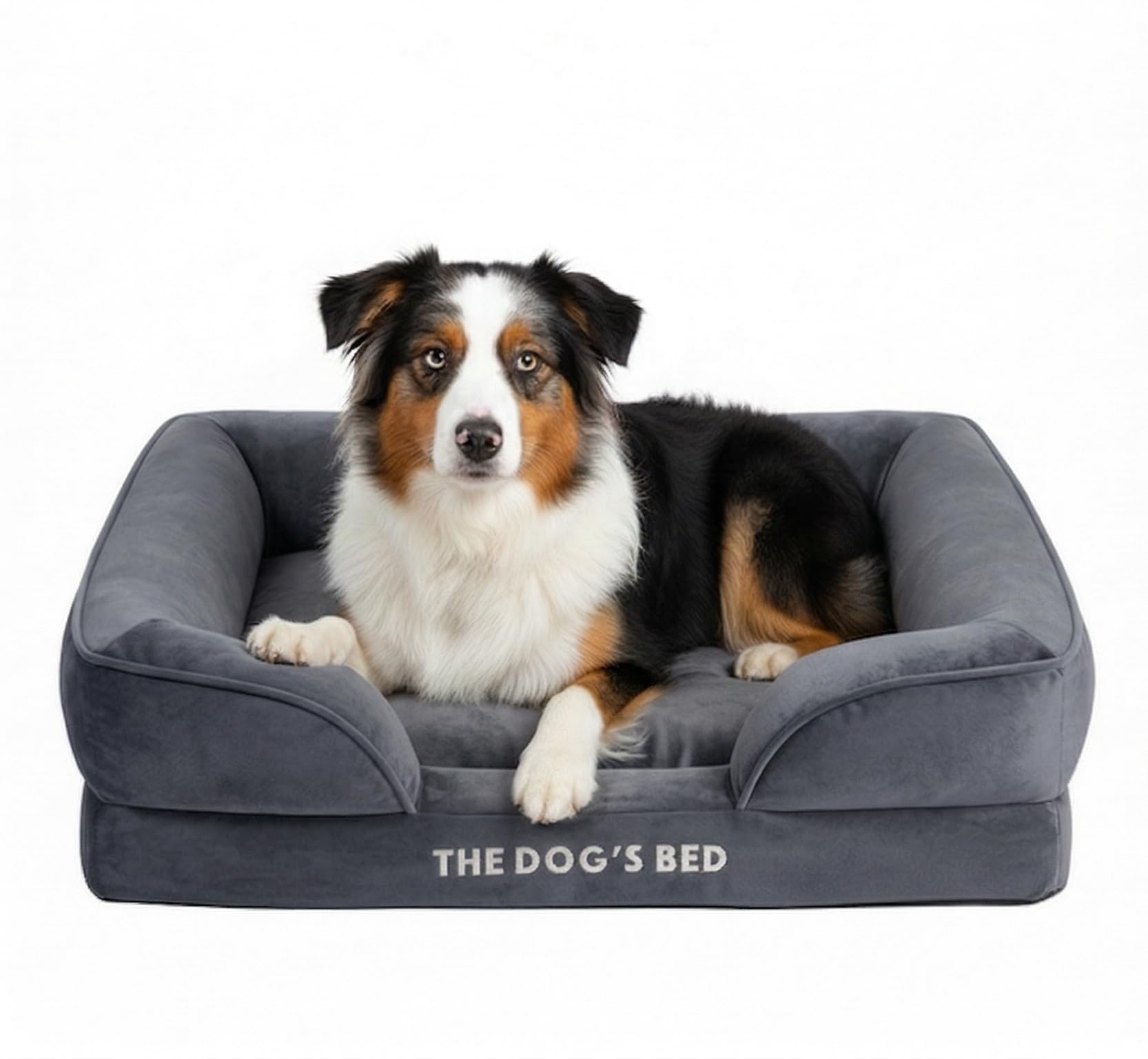The Dog’s Bed Orthopaedic Dog Bed with Bolsters, Removable Cover, CertiPUR-Certified Foam, Plush Fabric, Grey, Large