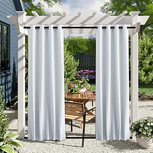NICETOWN 2 Panels Fixed Outdoor Curtains Waterproof for Patio, Thermal Insulated Top & Bottom Grommet & Back Tab Light Blocking Outdoor Drapes Windproof with Bouns Rope, W46 x L90, Greyish White