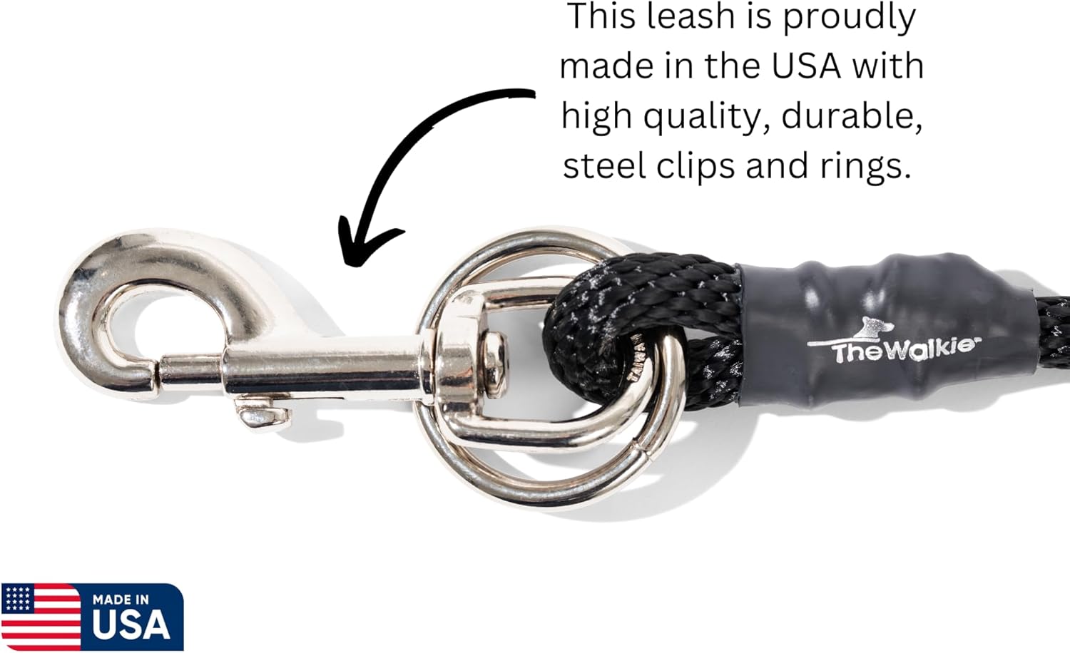 The Walkie No Pull Dog Leash - Gentle, Effective, Encourages Loose Leash Walking - Made in USA - Black Color - Size XL is 2ft Longer