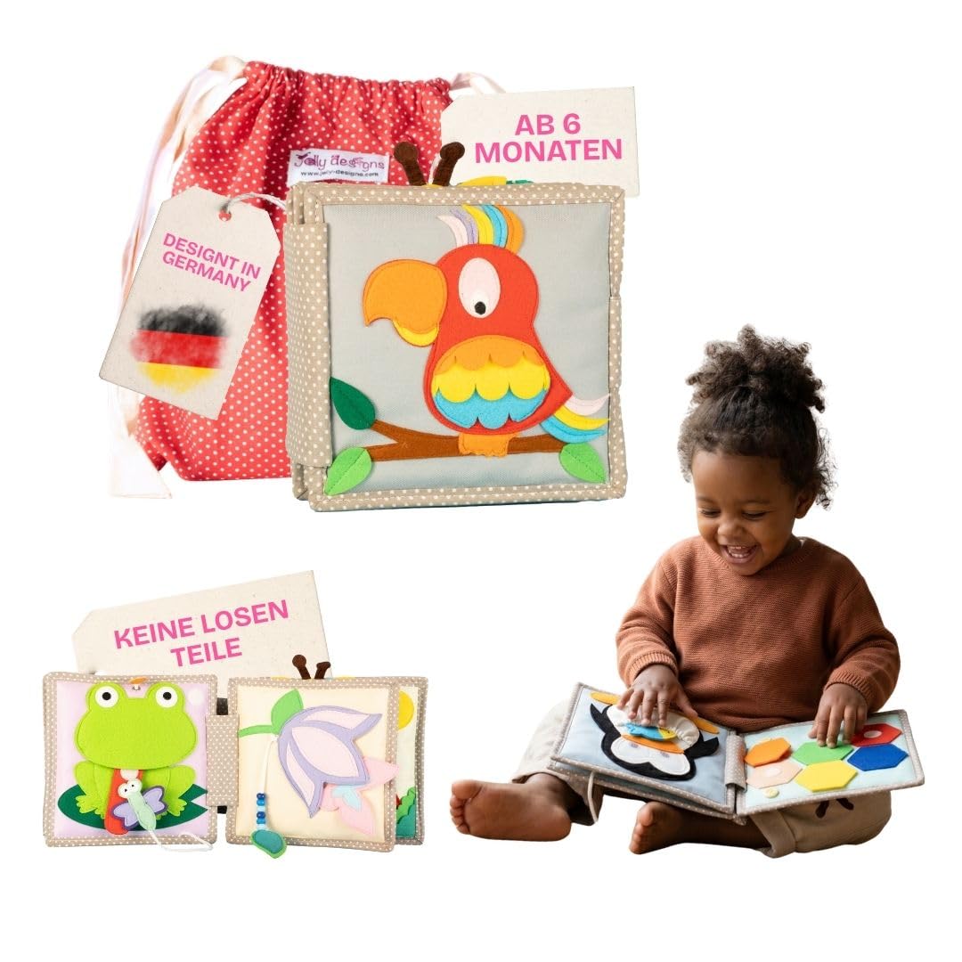 Jolly Designs Mini Quiet Book Schillernder Papagei – Montessori Spielzeug ab 6 Monaten – Fühlbuch & Busy Book ohne lose Teile – Stoffbuch & Motorikspielzeug aus Filz – Lernspielzeug für Babys