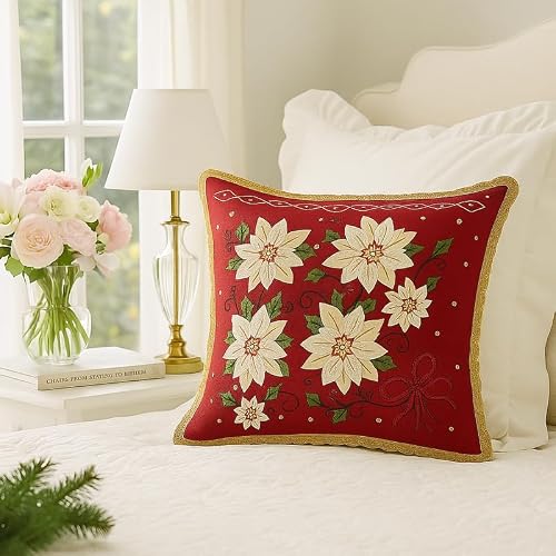 WWW.THROWPILLOW.IN Christmas Poinsettia Pillow Red Floral Cushion Cover, Gold Braid Printed Glam Throw, Decorative Couch Accent, Traditional Victorian Luxury Décor Square Sofa Cushion 16x16 Inches