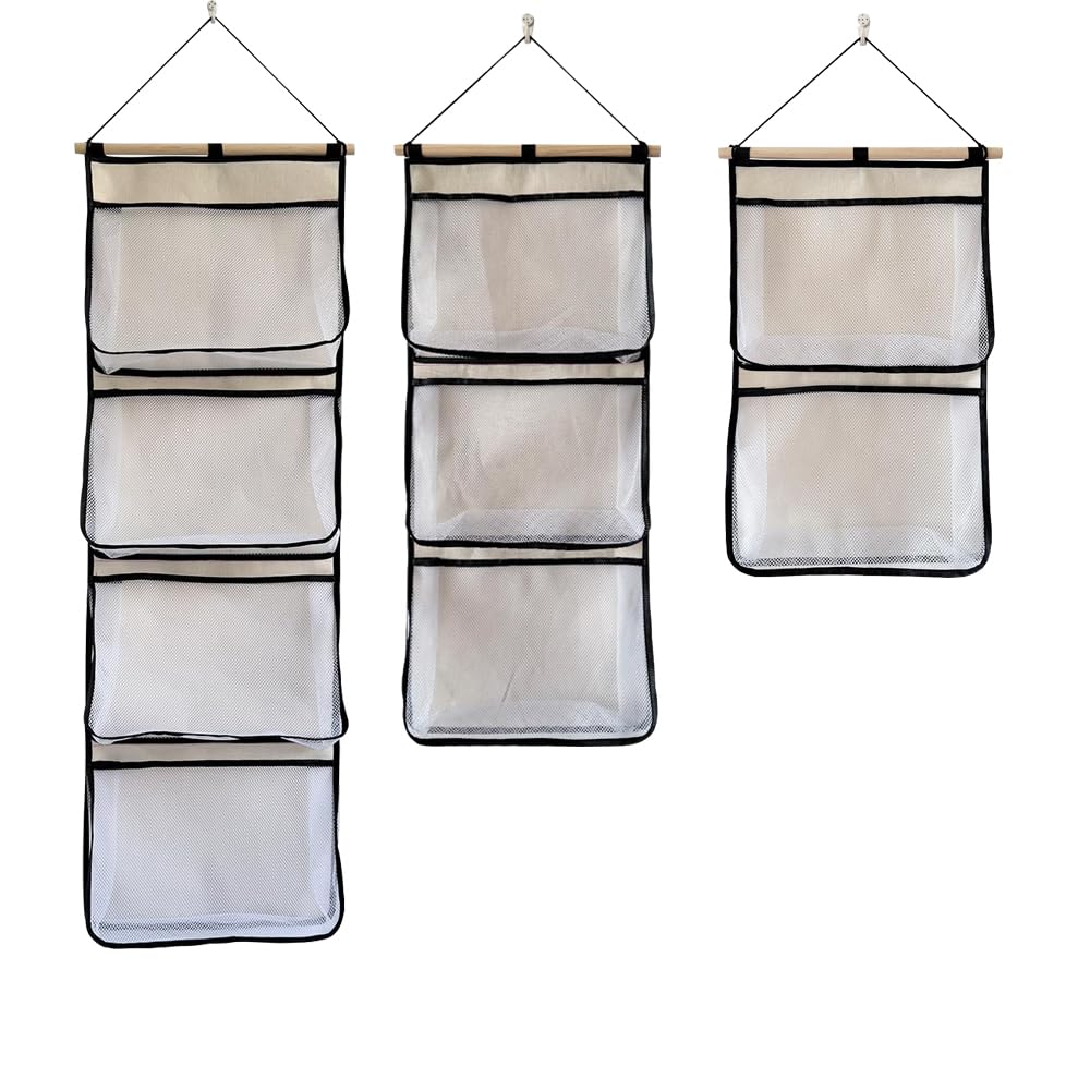 MOMIGO 3 Pack Over the Door/Wall Organizer, 4/3/2-Pockes Hanging Organizer with Pockets Mesh Bag,Baby Accessory Holder Idea, Toy Plush (Black)