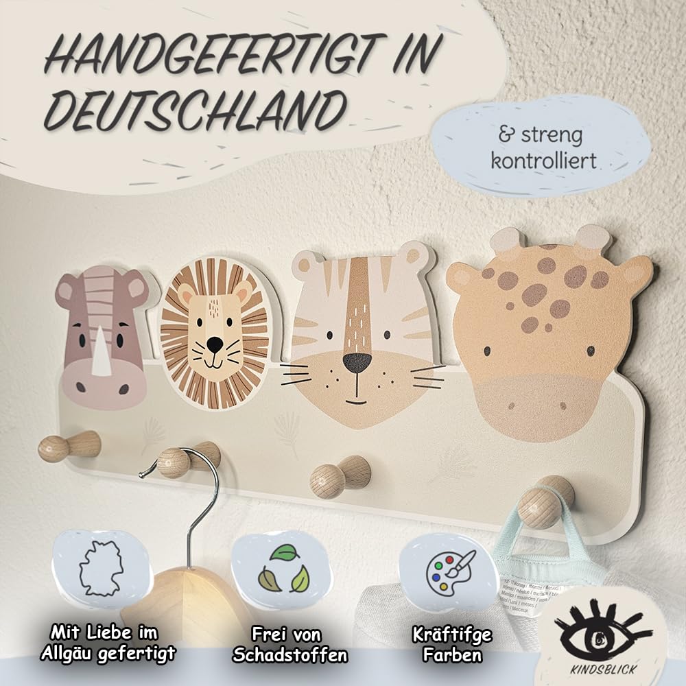 Safari Natur Kindergarderobe in Naturfarben inkl. A4 Poster - Garderobe Kinder Edition mit 4 Haken - Wunderschöne Kinder Garderoben Deko - Kindergarderobe Maße (38 x 15 x 5 cm)