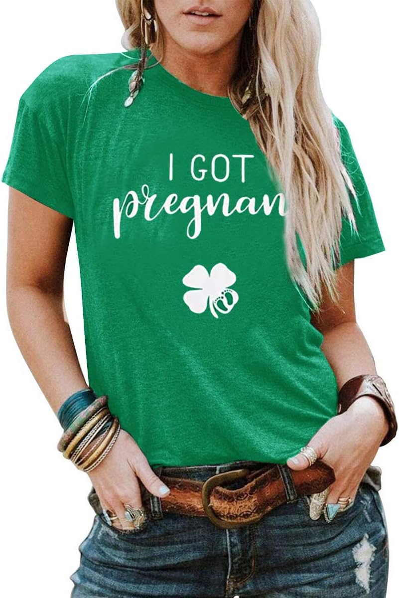 MYHALFCouple St.Patricks Day T Shirt Women I Got Pregnant I Got Lucky Shirt Cute Irish Shamrock Graphic Tee Top