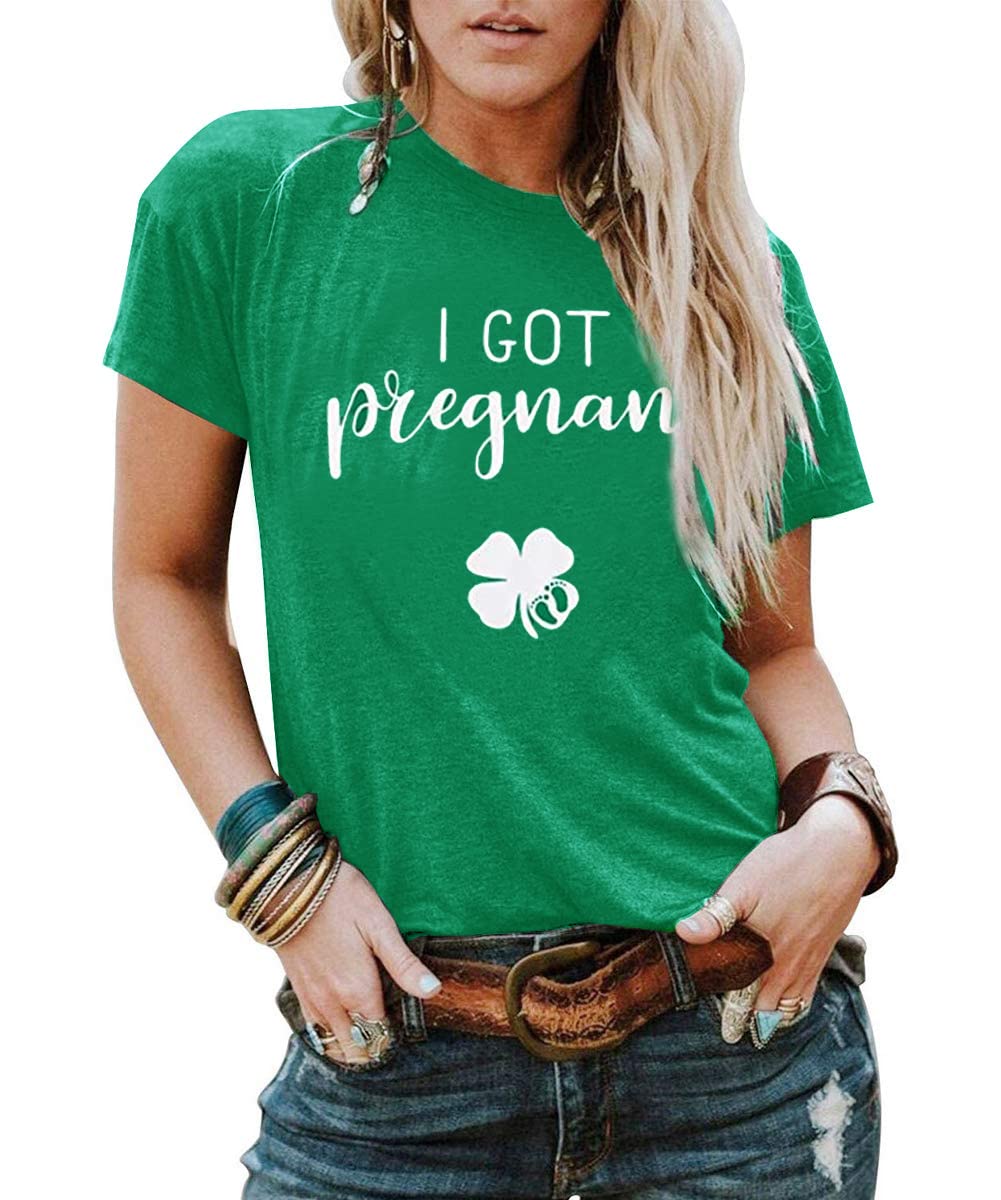 MYHALFCouple St.Patricks Day T Shirt Women I Got Pregnant I Got Lucky Shirt Cute Irish Shamrock Graphic Tee Top