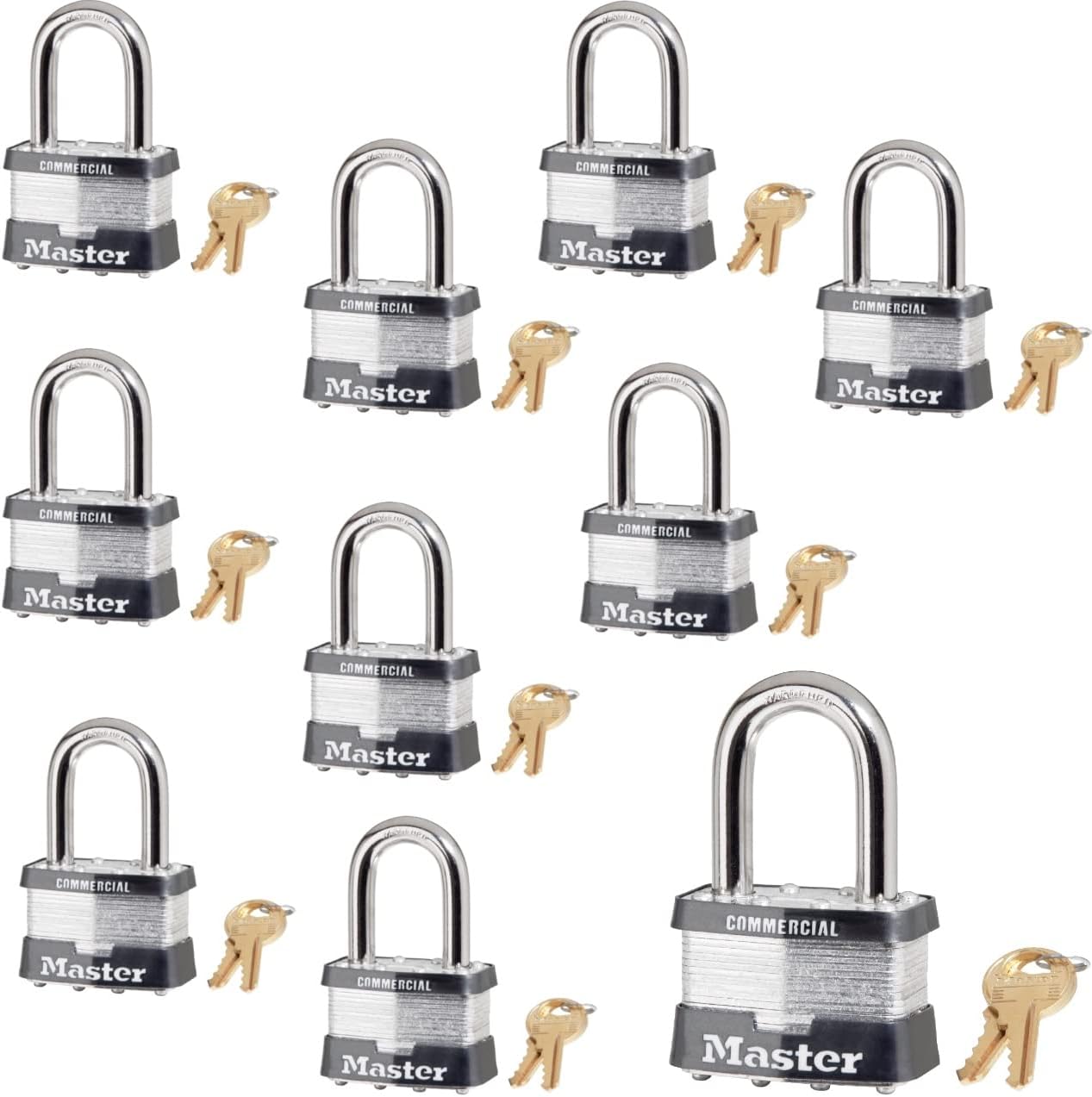 Master Lock Padlock - 2 W Body x 1.5 L Shackle, Ten (10) Keyed Alike Locks 5NKALF-10 w/Bump Stop Technology