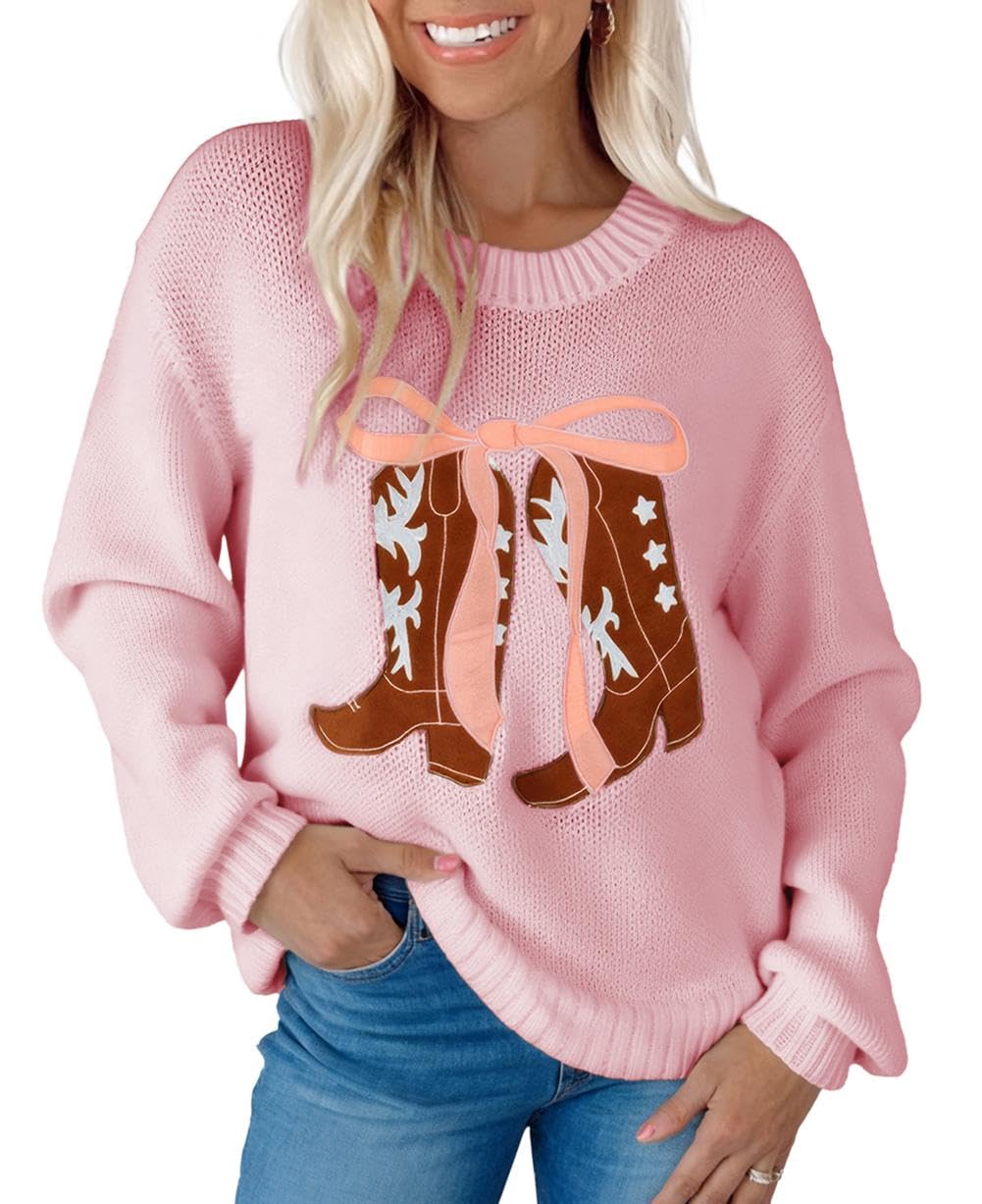 Apvirdy Womens Embroidered Bow Boots Sweater Loose Crewneck Long Sleeve Drop Shoulder Western Sweater Ribbed Knit Pullover