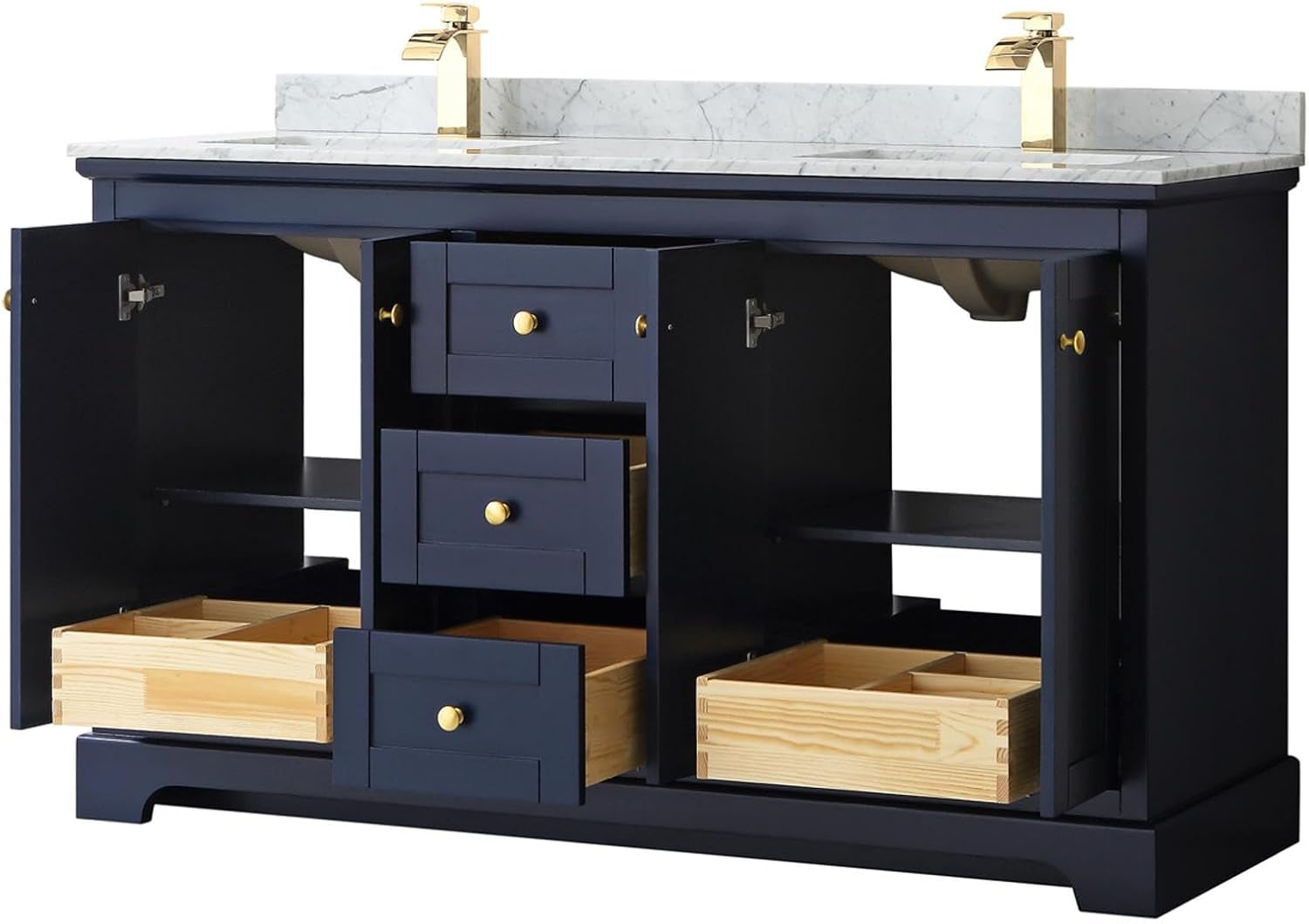 Wyndham Collection Avery 60 Inch Double Bathroom Vanity in Dark Blue, White Carrara Marble Countertop, Undermount Square Sinks, and No Mirror