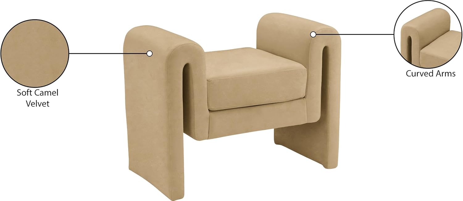 Meridian Furniture 180Camel Stylus Collection Modern | Contemporary Velvet Upholstered Bench with Soft Camel Velvet and Curved Arms, 31" W x 17" D x 24.5" H, Camel