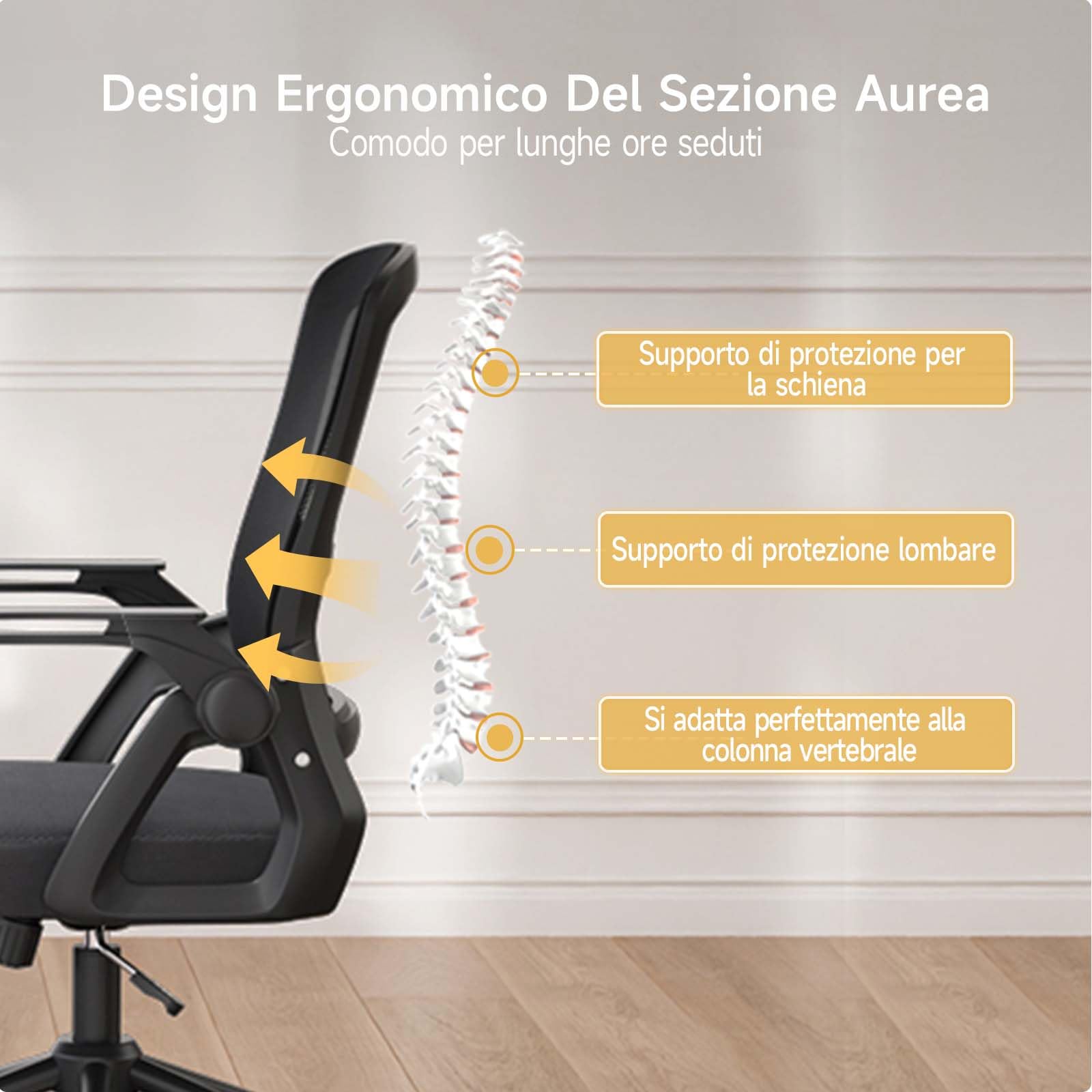 naspaluro Sedia da Ufficio Scrivania Ergonomica, Con Braccioli Pieghevoli, Altezza Regolabile, Seduta e Schienale in Rete Respirante, Girevole con Ruote, Funzione Oscillante Nera
