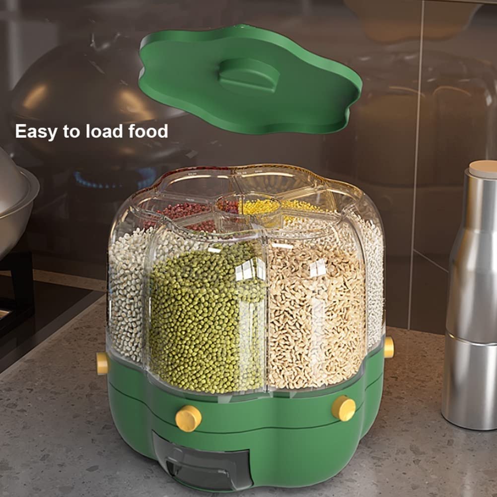 Contenitori per Alimenti Ermetici Girevole Dispenser per la conservazione del grano - Rotondo Trasparente 6 griglie Distributore di riso, Uscita con un clic per cereali/fagioli, Multifunzionale