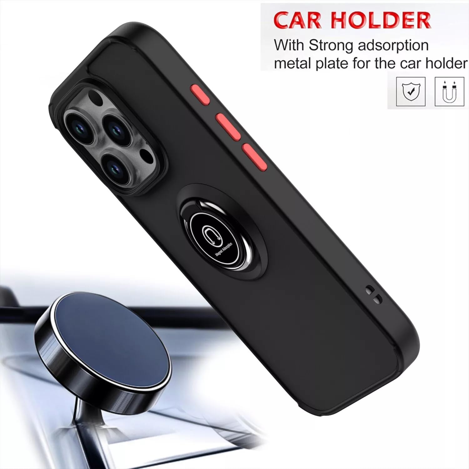 Fingic Custodia IPhone 16 Pro Con Supporto Ad Anello 360° E Magnete Per Auto - Glitterata, Morbida TPU E Policarbonato - Colore: Nero - 3