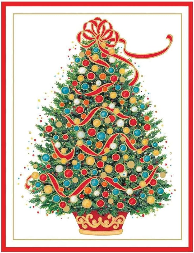 Caspari Christmas Tree Large Embossed Boxed Christmas Cards - 20 Cards & 20 Envelopes