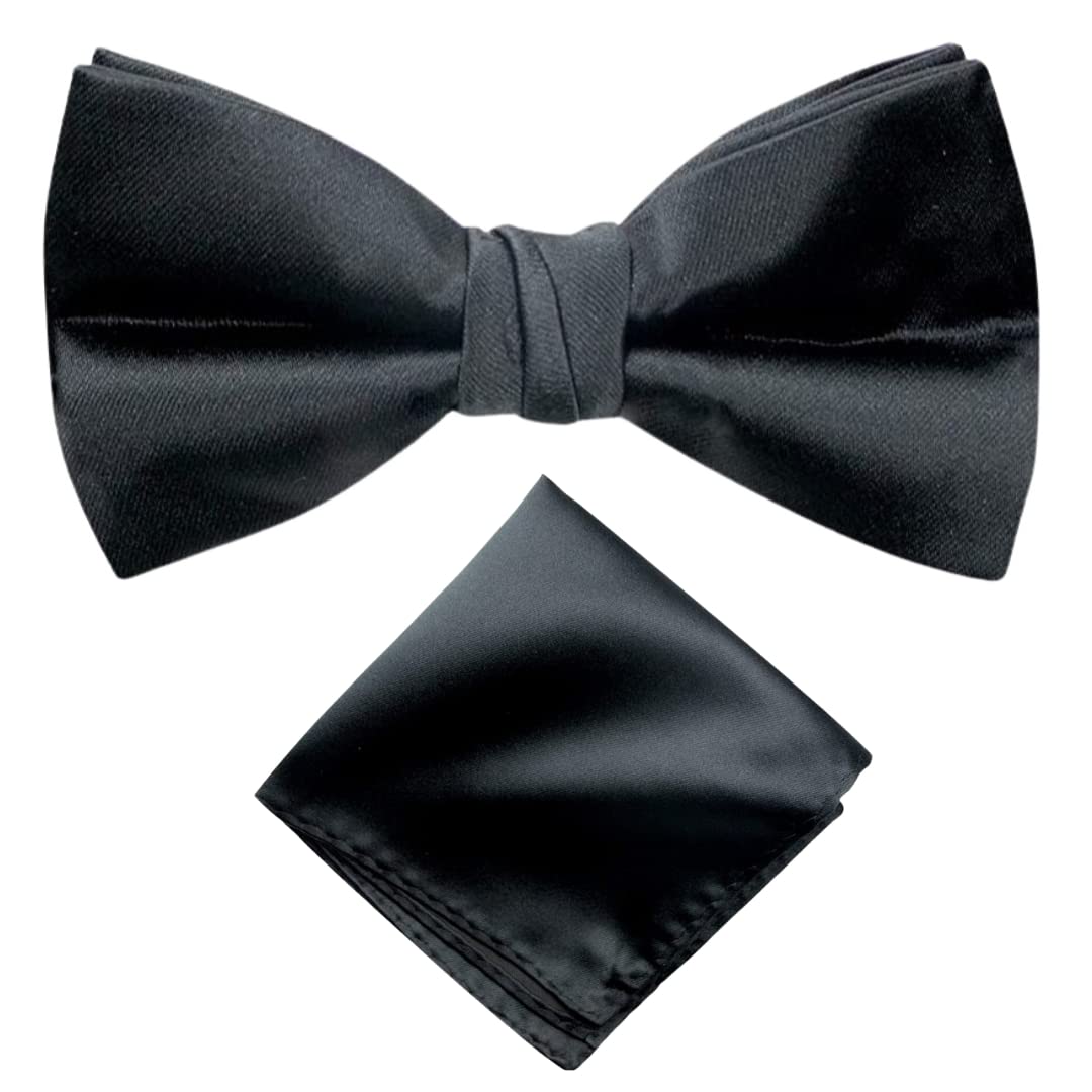 Premium Pre-Tied Satin Bow Tie and Pocket Square for Men | Handcrafted Bow Tie & Wedding Handkerchief for Suits, Blazers & Tuxedo for Formal Events & Weddings (Black)-image-28