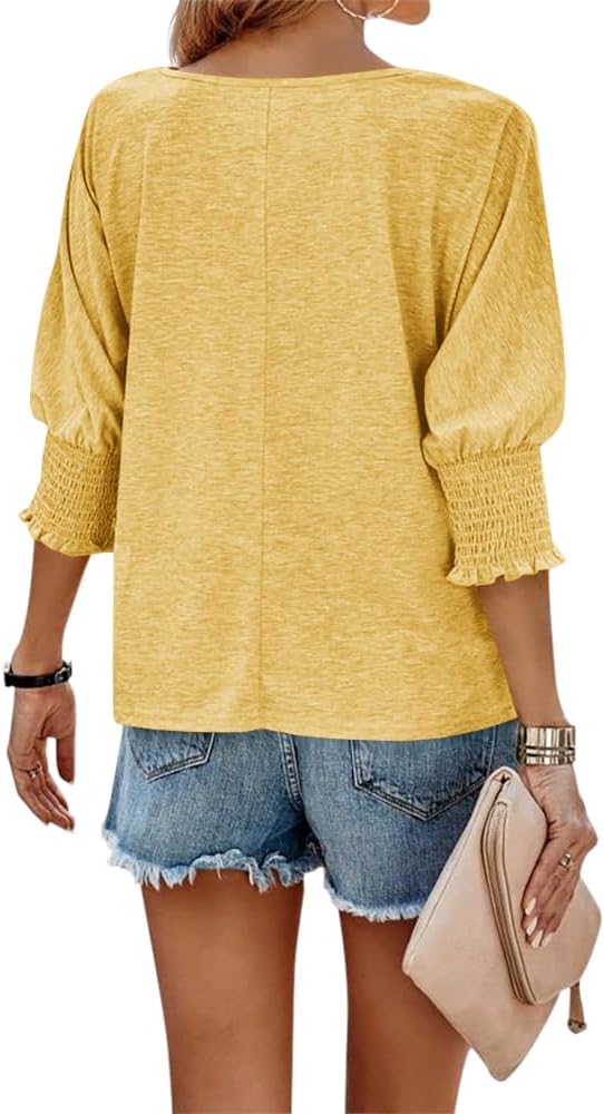 Fazortev Women's 3/4 Sleeve Casual Tops Solid Color Crew Neck Loose Fit Shirts Blouses - Image 2
