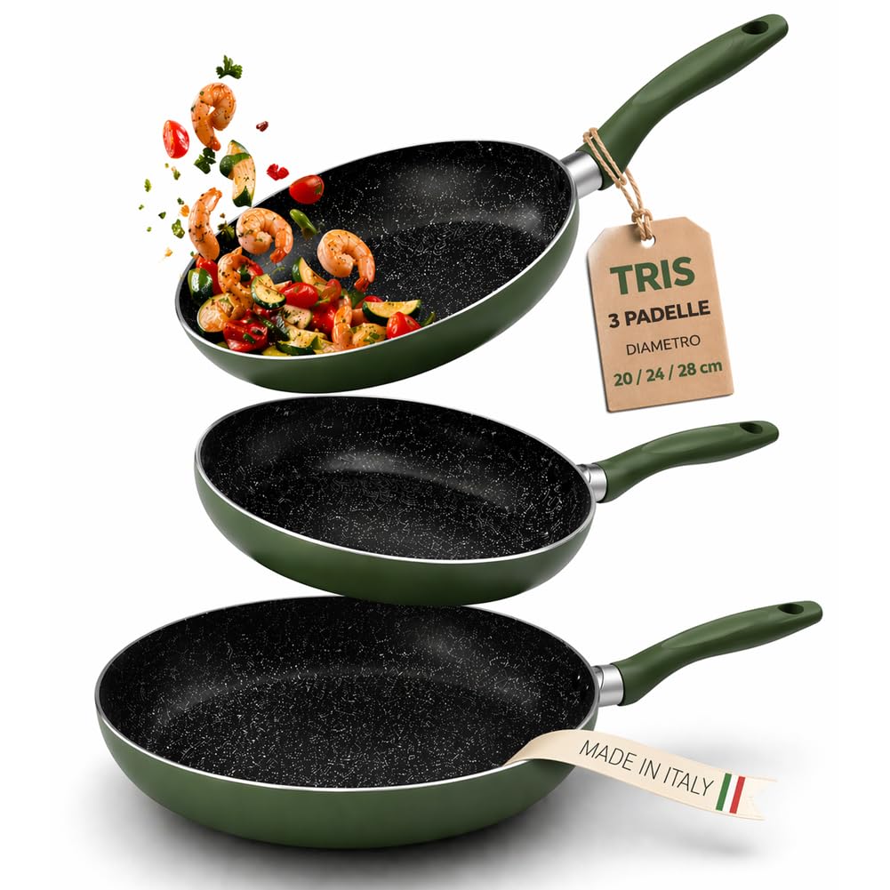 BAKAJI Tris Padelle Natura Più Antiaderenti Diametro 20/24/28 cm con Manico Cool Touch e Rivestimento Antiaderente Senza Grassi, Cottura Omogenea, Ideale per Carne, Pesce, Pasta