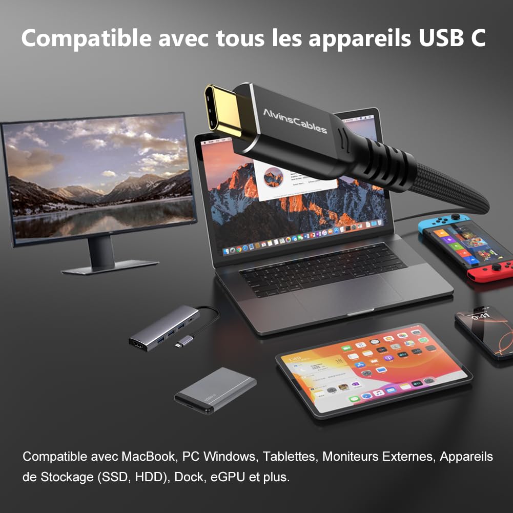 Alvin's Cables Câble Thunderbolt 5, 1ft USB-C vers USB-C Cable 120 Gbps 240W PD Fast Charging 16K Affichage, compatible avec Thunderbolt 4/3, USB4, pour MacBook, Egpu, Dock, Intel certifié