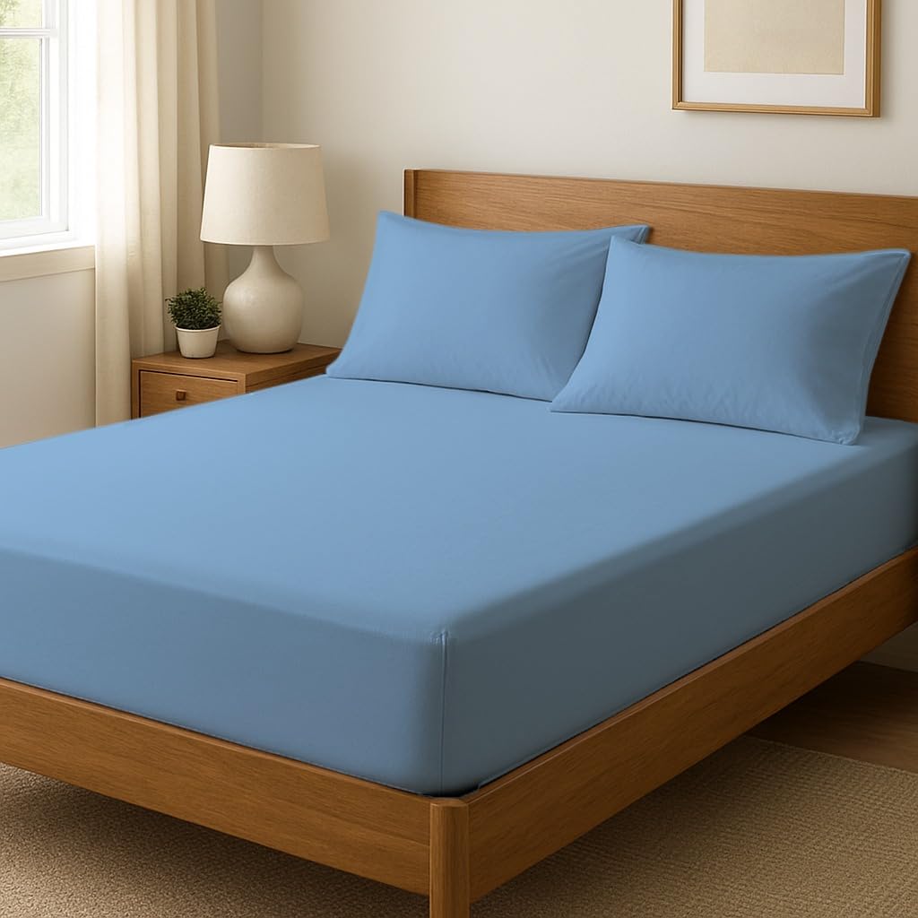 Novexa 100% Egyptian Cotton Single Fitted Sheets 400 Thread Count 35cm Deep Cooling Hotel Quality Bed Sheet Luxury Ultra Soft Bottom Sky Blue Fitted Bedsheets