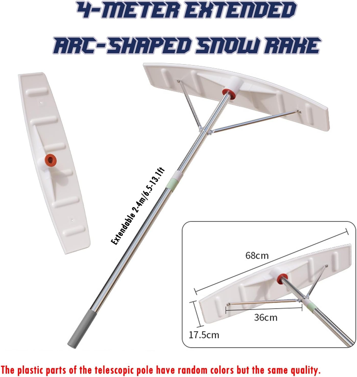 Telescopic Roof Snow Rake with Shovel Blade, Adjustable 2–6m Aluminum Pole, Reinforced Triangular Support, for Snow Removal, Leaves & Car(2-4m/6.5-13.1ft,Curved rake)