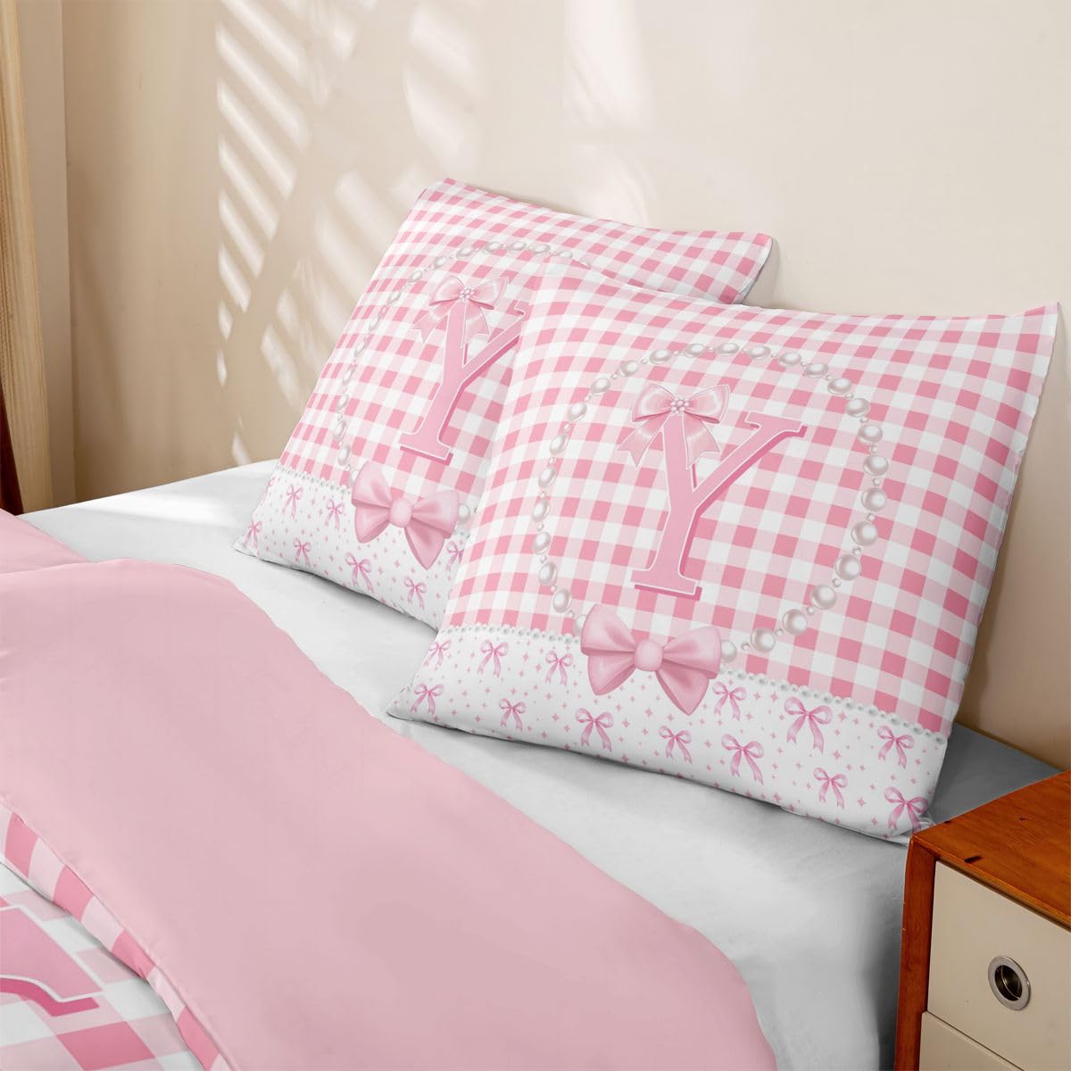 Homewish Rosa Monogramm Schleife Bettbezug 155x220cm 4teilig