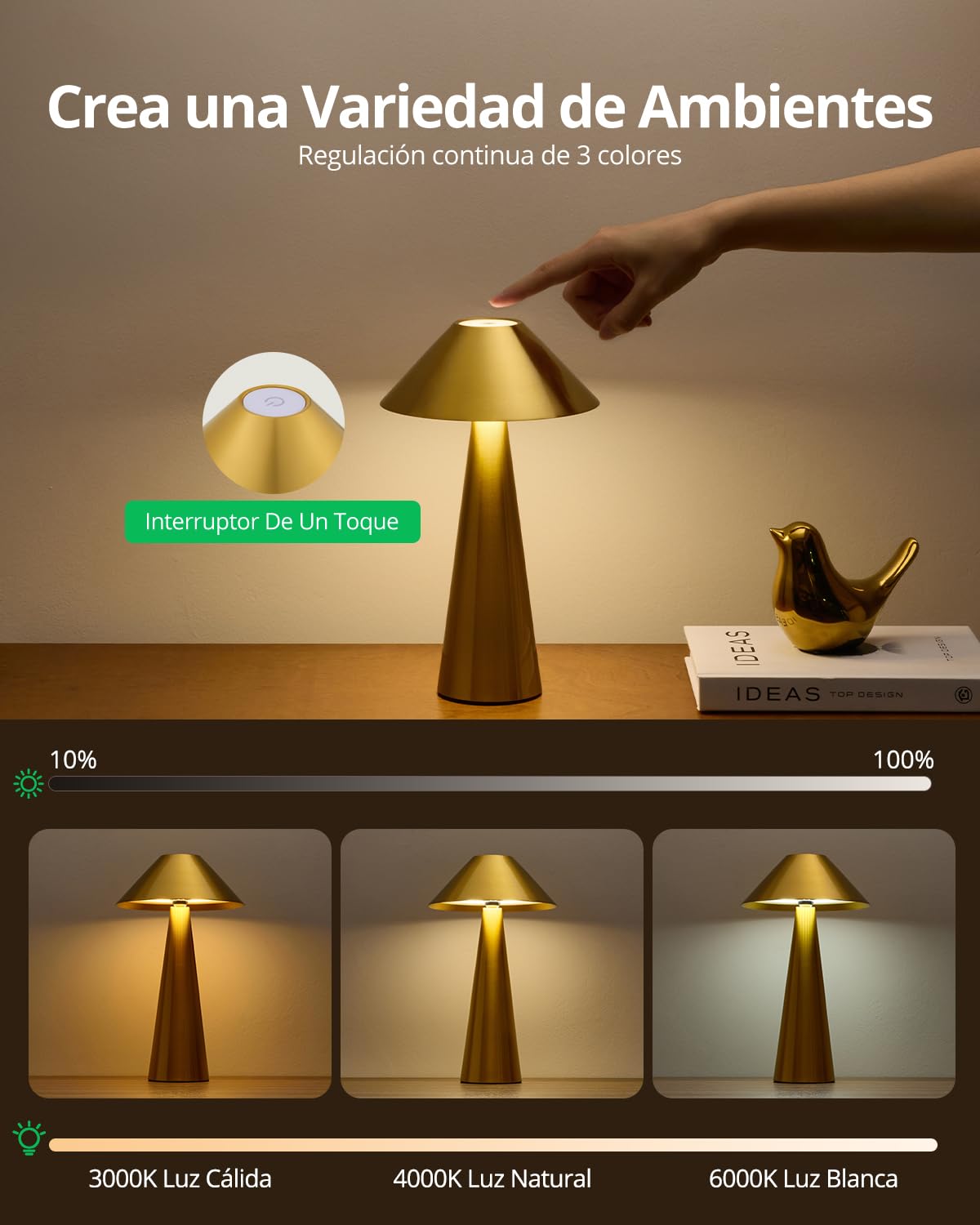 Bojim 2 Piezas Lamparas de Mesita de Noche Sin Cables LED Recargable Exterior Cabeza Giratoria, Lámpara Luz Tactil Table de Bateria Candeeiro Lamps para Exterior Portatil Interior IP54 Metal Dorado